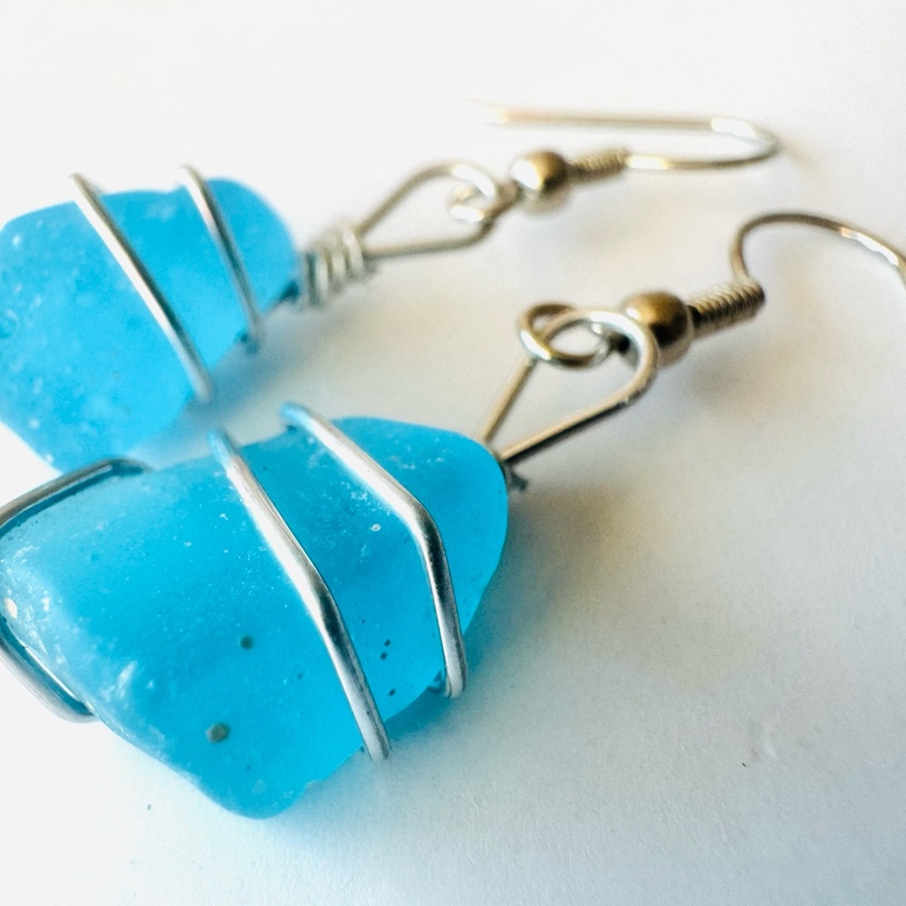 Blue Sea Glass Wire Wrapped Earrings
